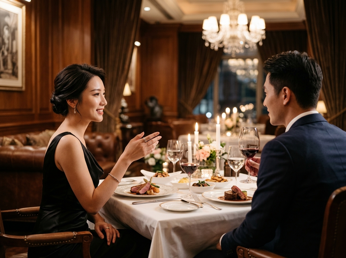 雙人鏡頭在高級餐廳的包廂中，年輕具吸引力的亞洲女性自信地微笑，手勢優雅與年輕亞洲男性主體