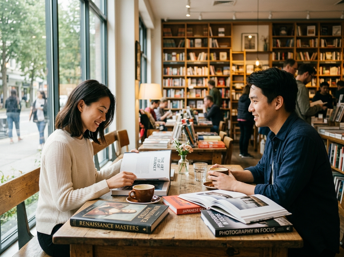 廣角鏡頭在明亮的書店咖啡區中，年輕具吸引力的亞洲女性優雅地翻閱書籍，偶爾抬頭微笑與年輕亞