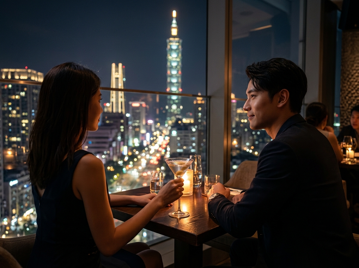一對年輕情侶在泡泡飯店頂樓 Sky Bar 靠窗而坐,女子手中握著馬丁尼杯,背景是台北 101 的璀