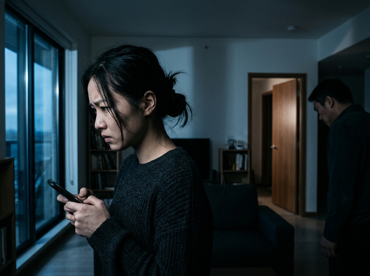 在昏暗的私人住宅客廳中,年輕亞洲女性面帶緊張與抗拒,身體微微向後傾,手裡緊握著手機,對面的亞洲男性表