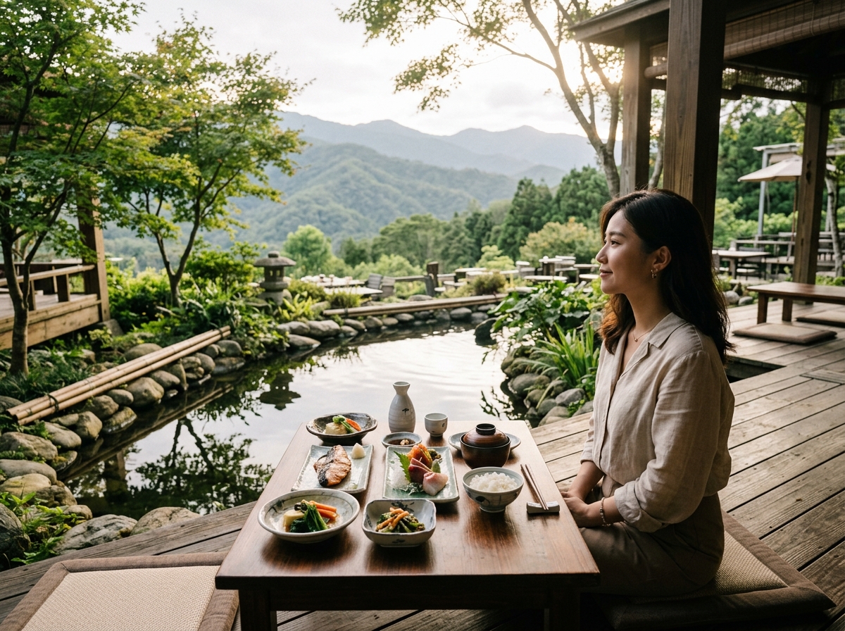廣角鏡頭在台中新社又見一炊煙的日式戶外用餐區,陽光透過樹枝灑在水池與木棧板上,年輕亞洲女性坐在坐墊上
