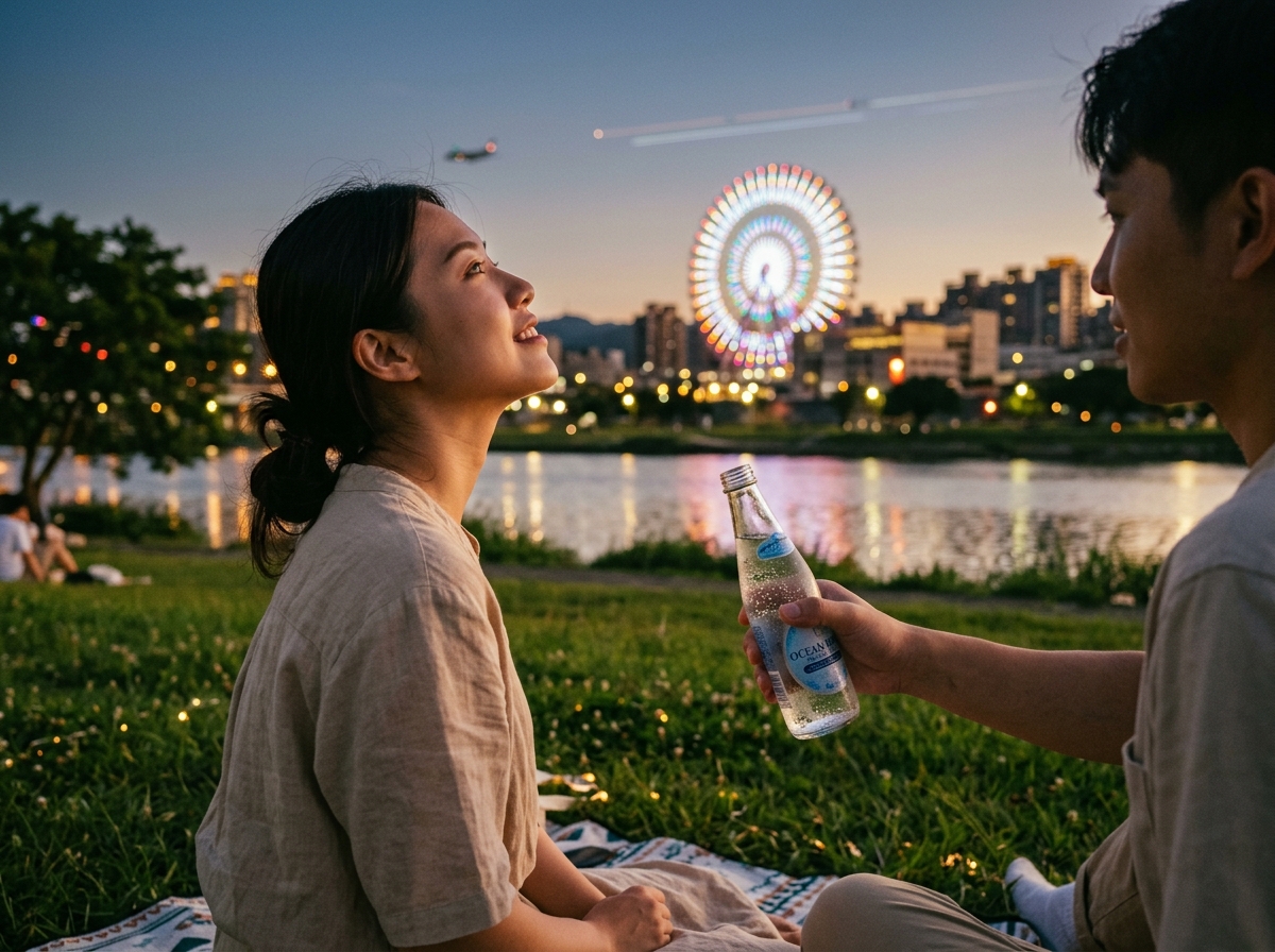 在大直美堤河濱公園的草地上,年輕亞洲女性坐在野餐墊上,仰頭看向遠處閃爍的美麗華摩天輪,身旁的年輕亞洲