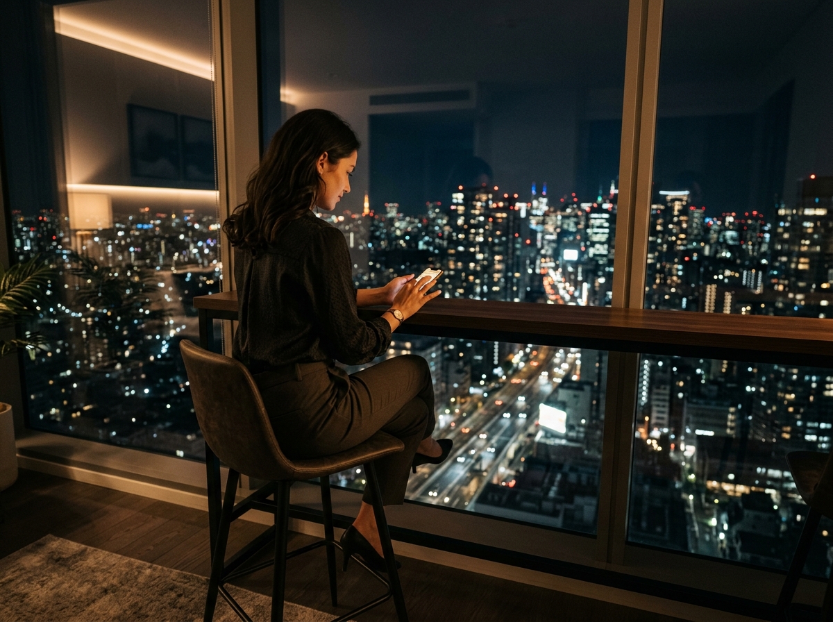 在夜晚的都市高層公寓落地窗前，一位年輕女性坐在高腳椅上，手指輕點手機螢幕，窗外是閃爍的城市燈火，室內