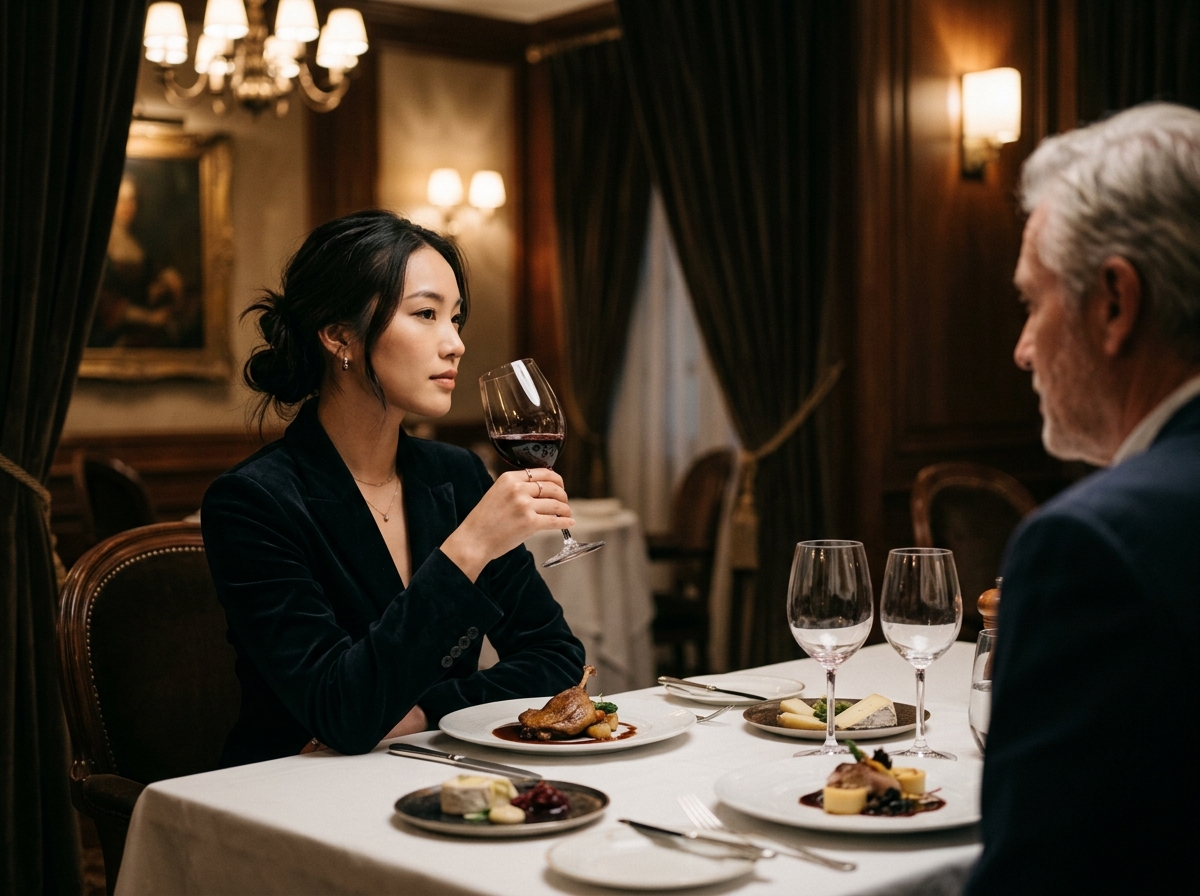 在高級餐廳的包廂內,年輕亞洲女性優雅地端起紅酒杯,目光直視對面的年長男性,眼神中帶著自信與從容,絲毫