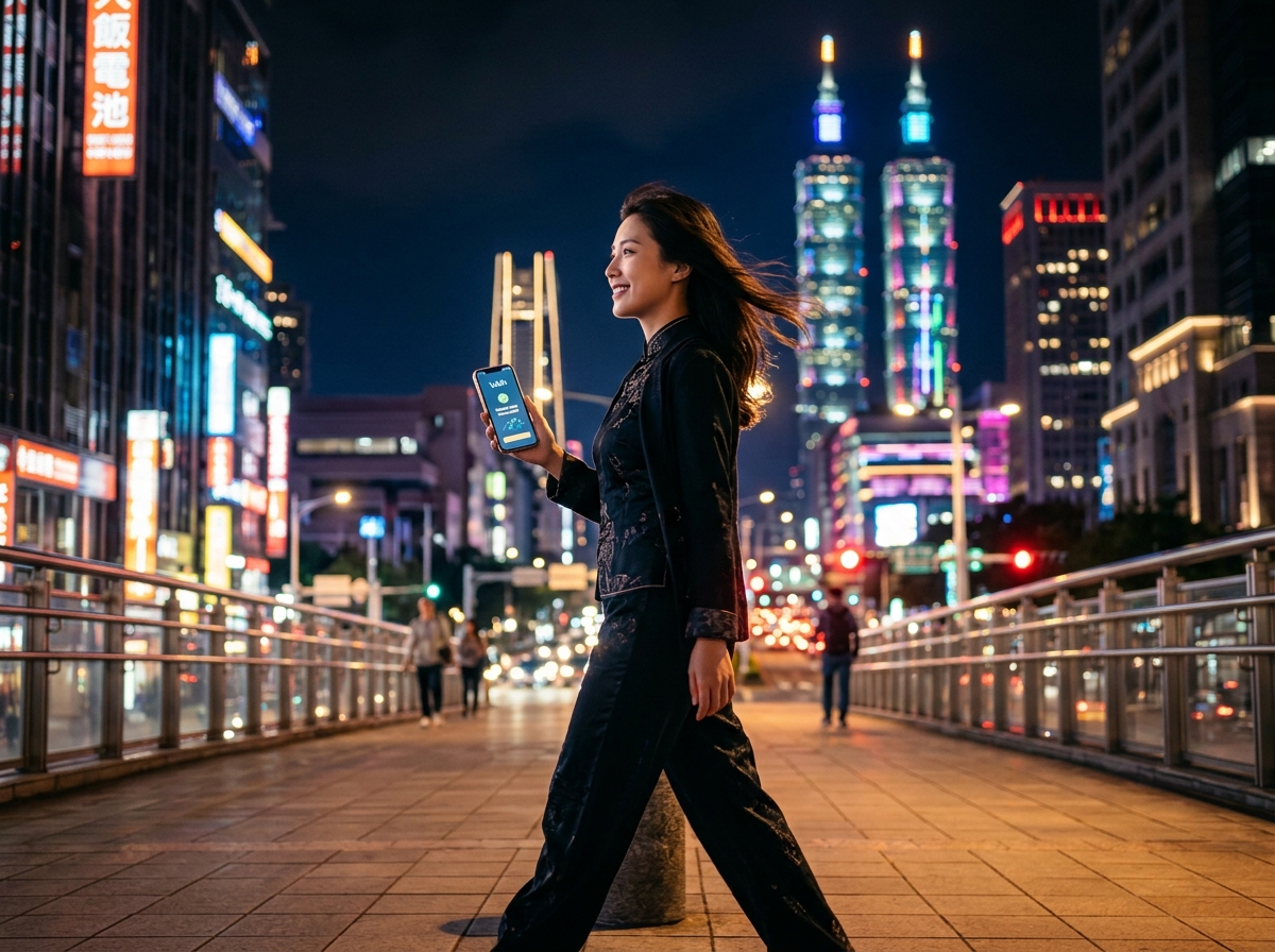 動態鏡頭在充滿未來感的都市夜景背景下中,年輕具吸引力的亞洲女性自信地走向鏡頭,手中拿著手機