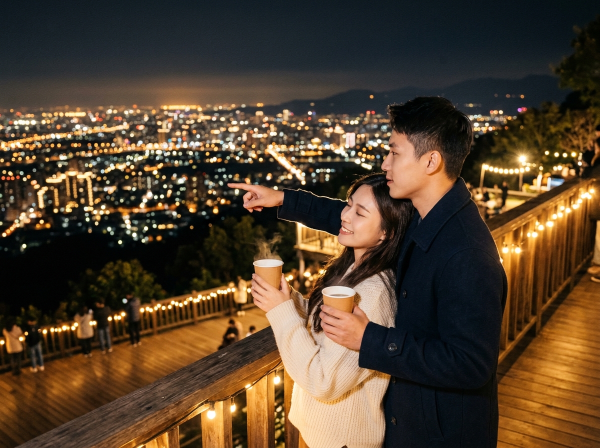 中景在台中望高寮夜景公園的觀景平台中,年輕具吸引力的亞洲女性依偎在男伴身旁,臉上帶著幸福微