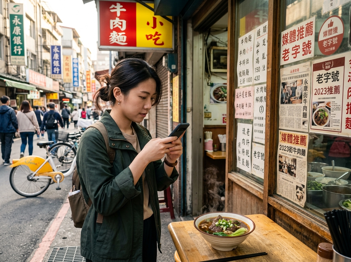 中景鏡頭在永康街的巷弄轉角，年輕女性站在一家外觀低調的小吃店前，玻璃窗上貼滿媒體報導的報紙剪影，她正