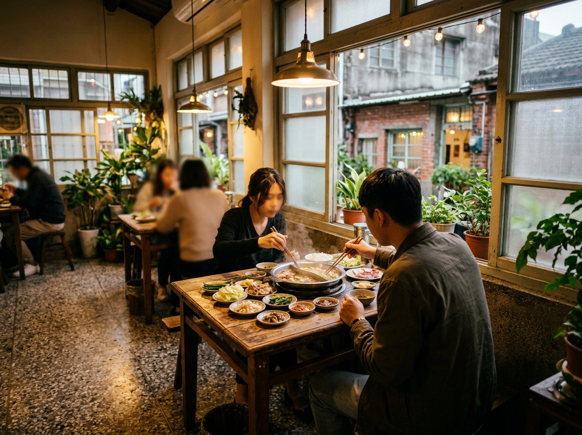 中景鏡頭在台中審計新村附近一間老宅改造餐廳的室內空間,年輕亞洲女性與男性坐在磨石子地板旁的木桌兩側,