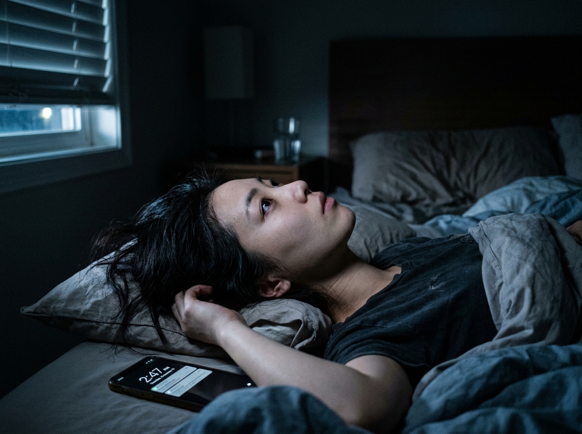 特寫鏡頭在昏暗的臥室中,年輕具吸引力的亞洲女性躺在床上睜大眼睛看著天花板與年輕亞洲男性主