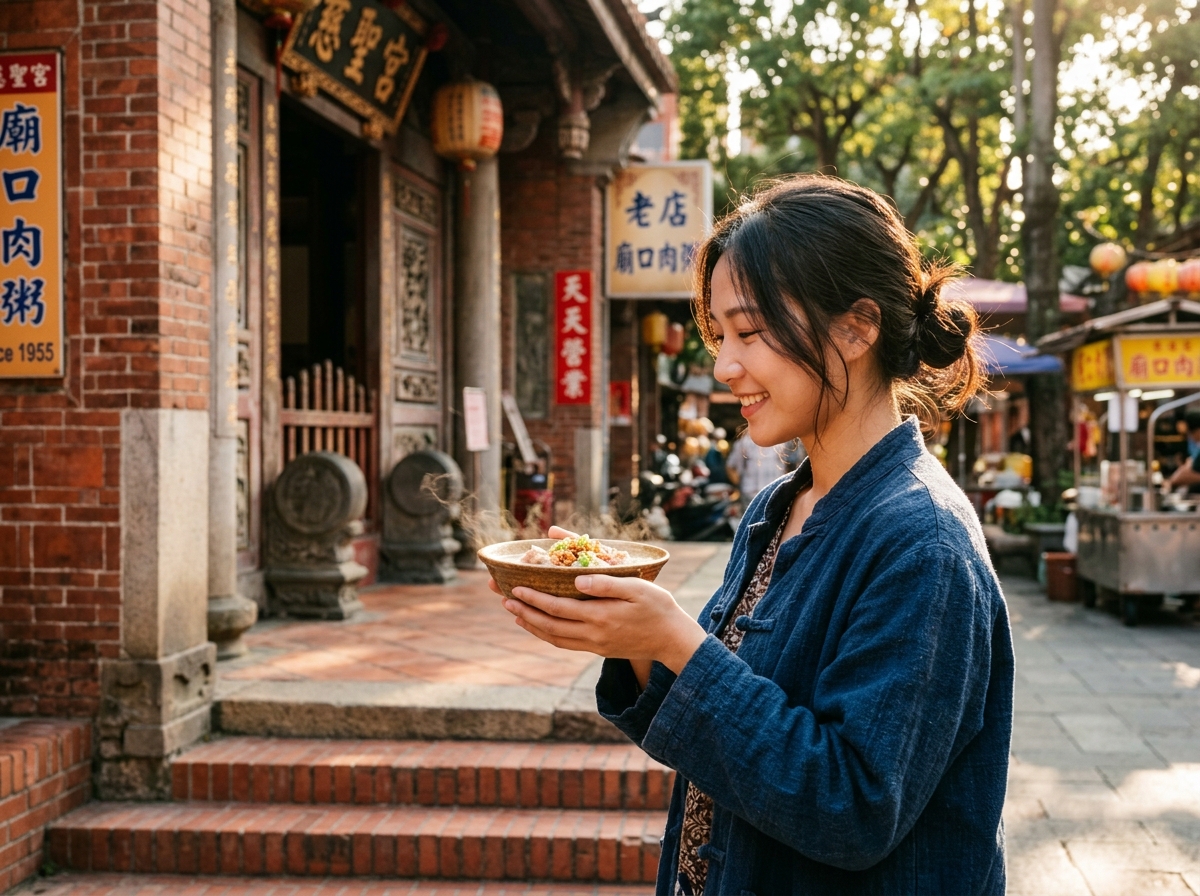 側面特寫鏡頭在台北大稻埕慈聖宮廟口前，一位年輕女性手捧著熱騰騰的肉粥，臉上露出滿足的表情，背景是古老