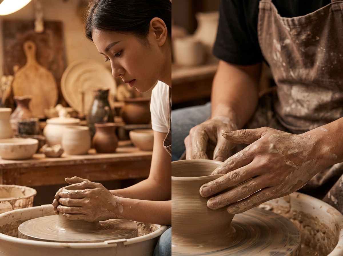 特寫鏡頭在充滿陶藝作品的工作室中，年輕具吸引力的亞洲女性專注捏陶的認真表情與年輕亞洲男性