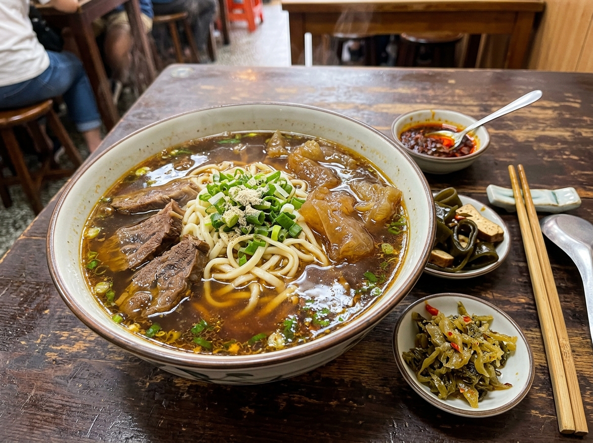 桌上俯拍鏡頭在林東芳牛肉麵店的桌面上，一大碗半筋半肉麵配有深琥珀色湯頭與翠綠蔥花，旁邊有一碟店家自製
