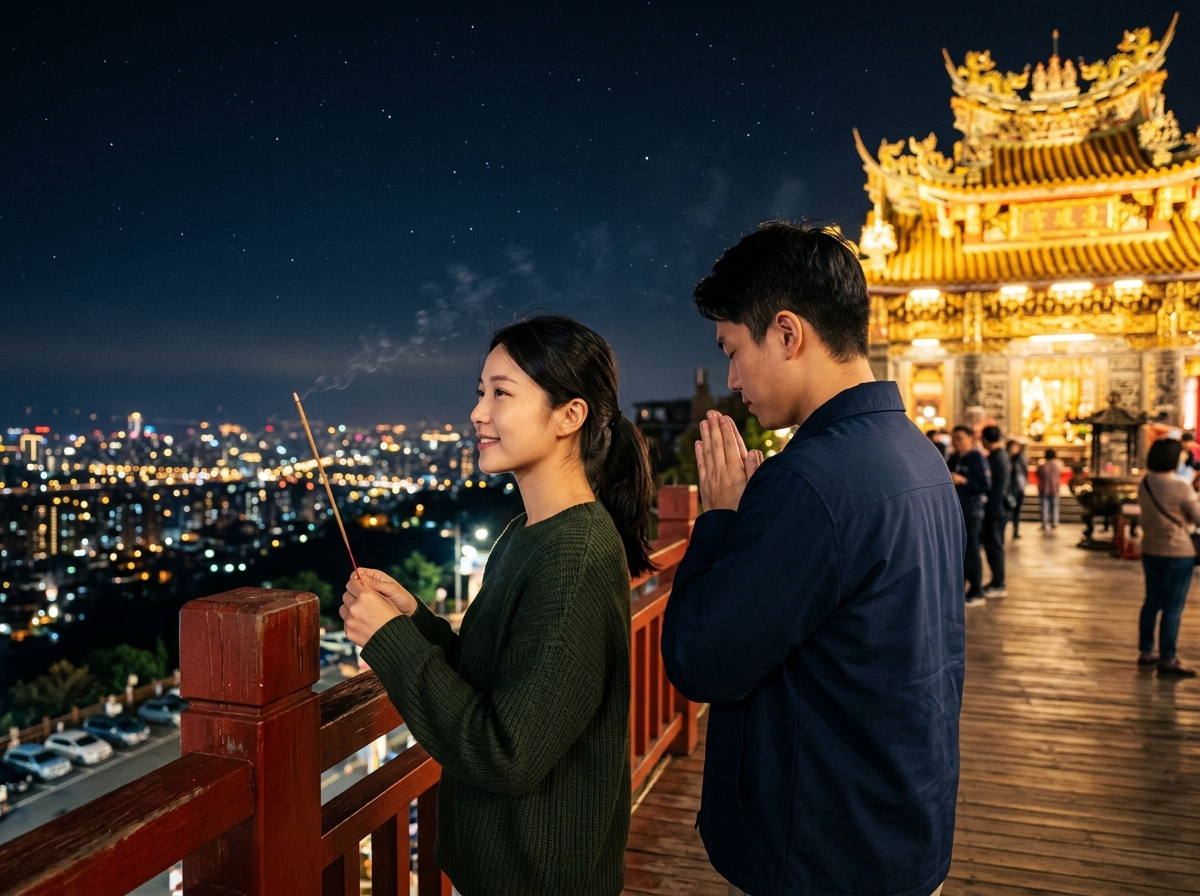 在中和烘爐地停車場旁的觀景台,一位年輕亞洲女性手中拿著一柱香,微笑望向遠方燈火通明的城市,身旁年輕亞