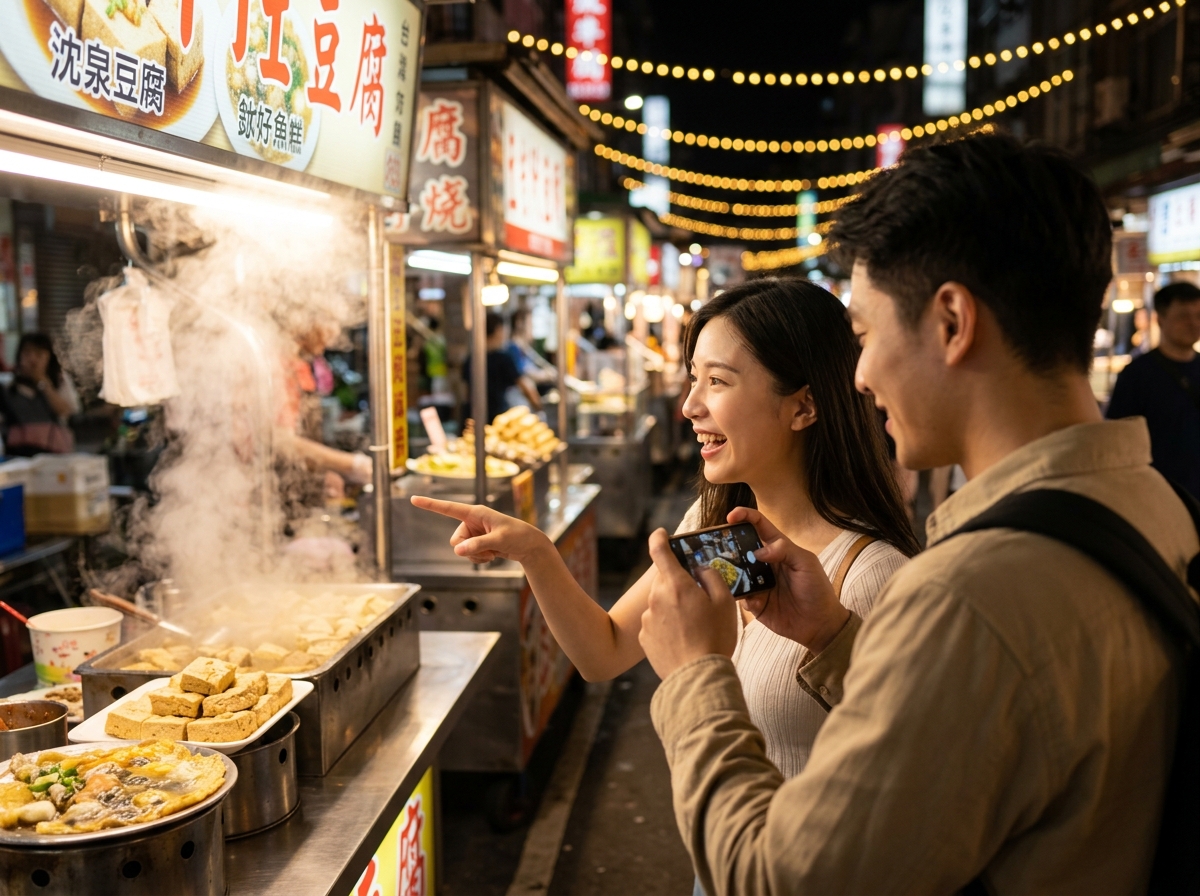 俯拍鏡頭在一個熱鬧的台北夜市街道，年輕女性眼睛發亮地指著路邊攤販的美食，身旁男性友人微笑著拿手機拍照