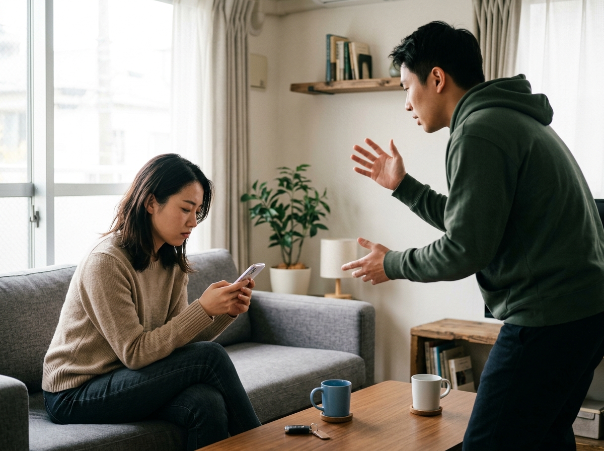 中景鏡頭在簡約風格的 Airbnb 客廳中，年輕亞洲女性失望地看著手機、表情無奈與穿著休
