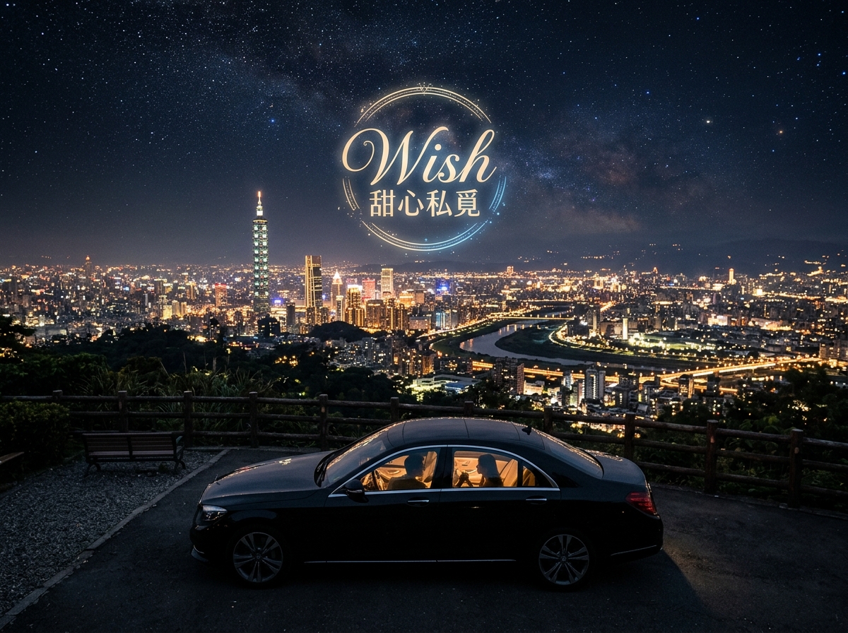 台北夜晚的鳥瞰視角,一輛高級轎車停在劍南山的觀景點,車內隱約可見一對年輕男女的剪影,全景是整片閃爍的