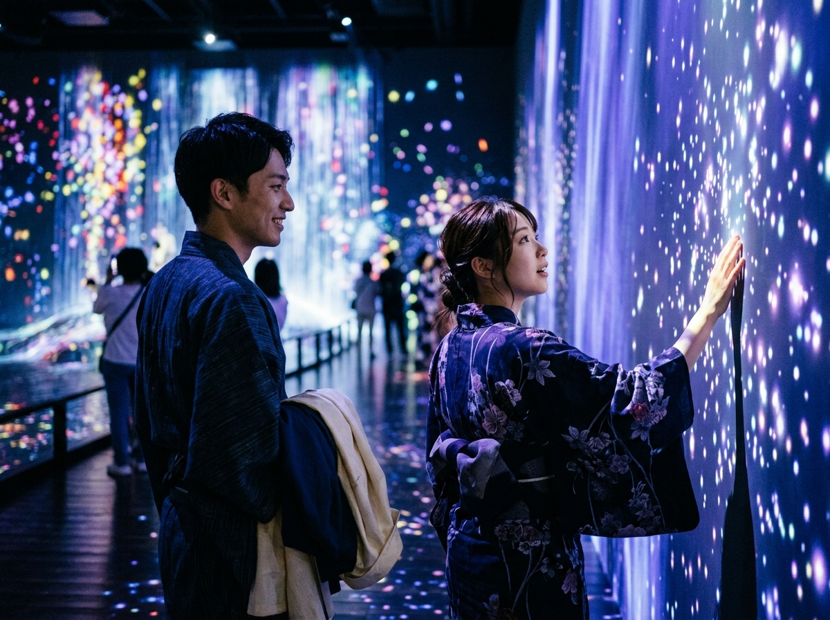 特寫鏡頭在東京teamLab美術館的光影展間中,年輕具吸引力的亞洲女性穿著優雅的日式浴衣,