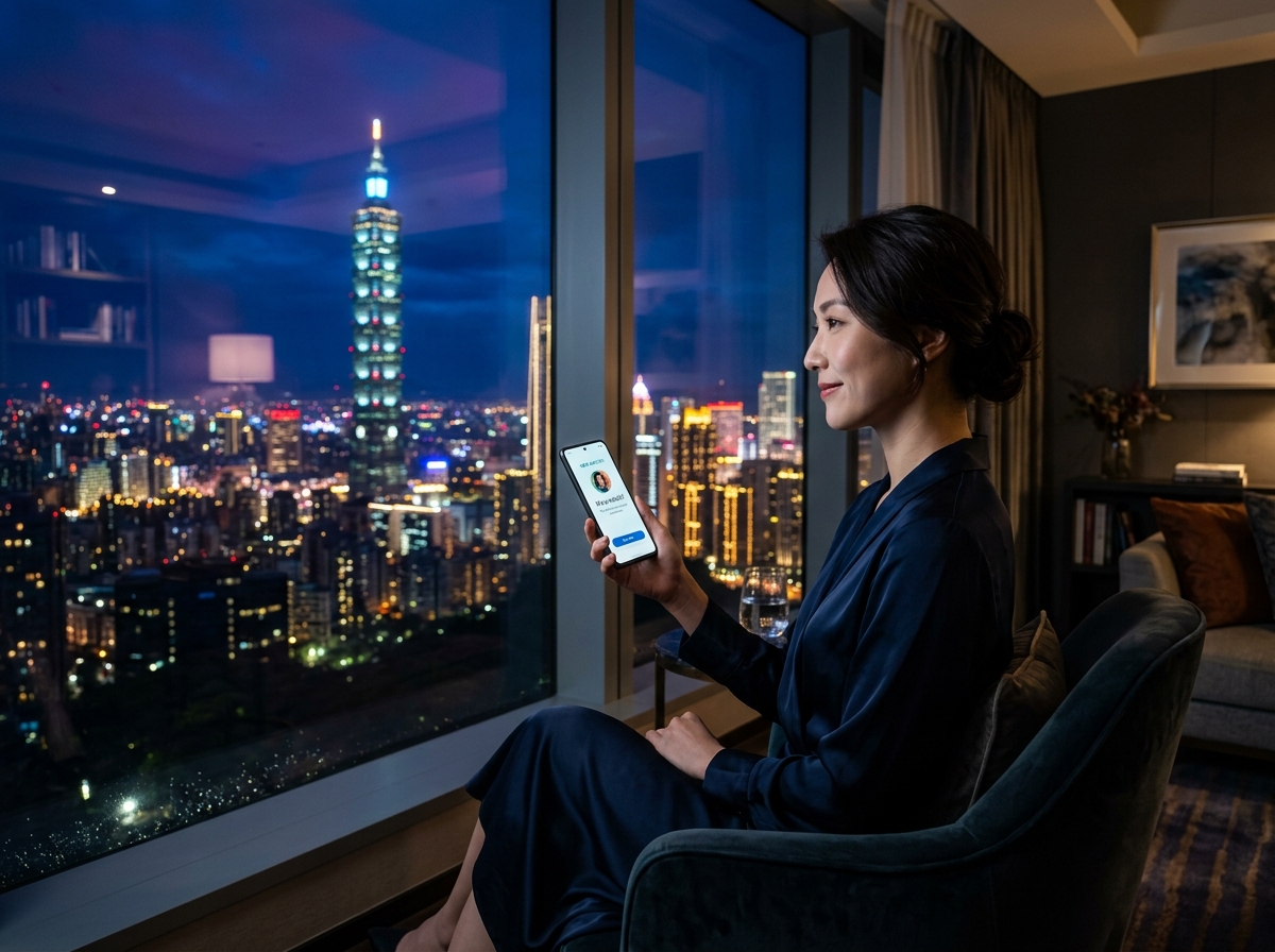 在夜晚的台北城市天際線背景下,一位打扮精緻的亞洲女性坐在高級公寓的落地窗前,手中拿著手機,螢幕上顯示