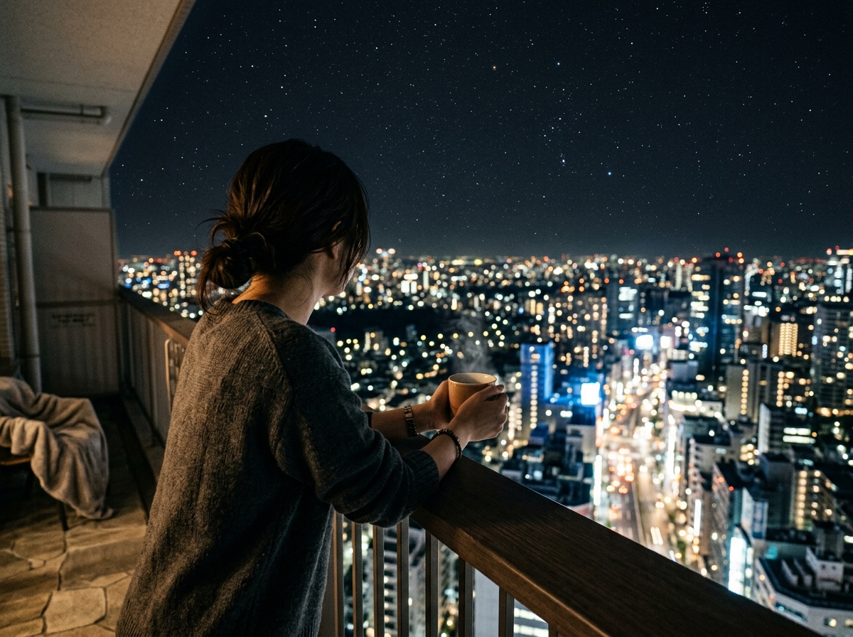 主觀鏡頭在城市夜景的陽台中,年輕具吸引力的亞洲女性靠在欄杆上沉思與年輕亞洲男性主體的不