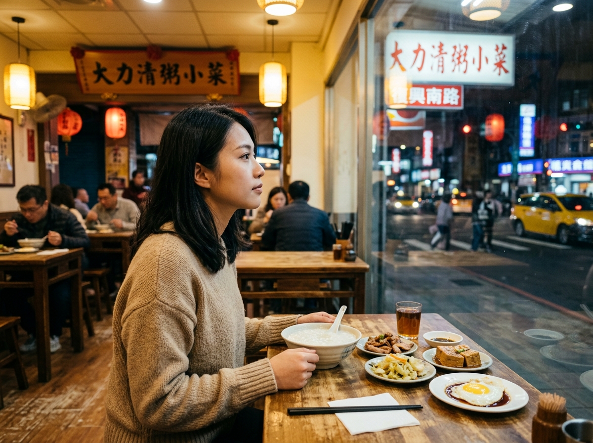 中景鏡頭在復興南路清粥小菜店內中,年輕具吸引力的亞洲女性獨自用餐看著窗外與年輕亞洲男性主