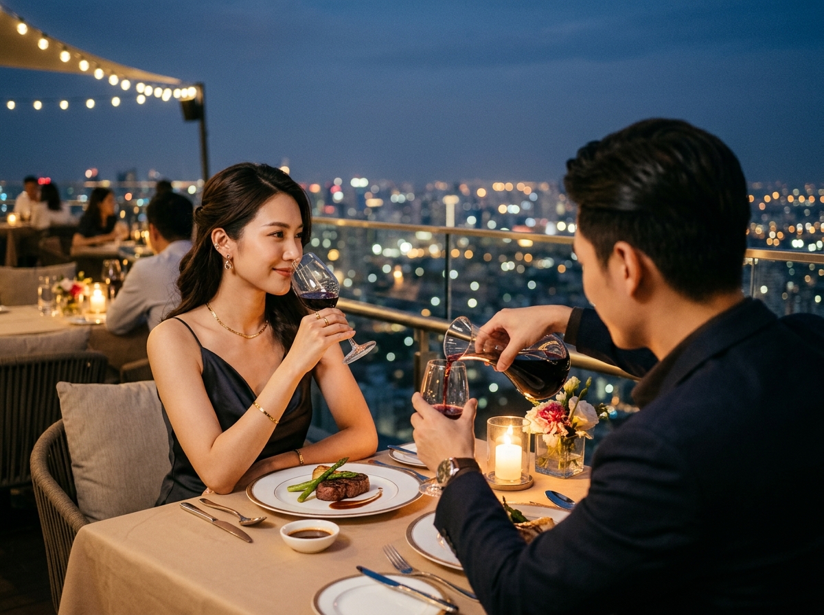 中景在高級景觀餐廳的露天座位中,年輕具吸引力的亞洲女性優雅地品嚐紅酒,與對面的成熟男士愉快