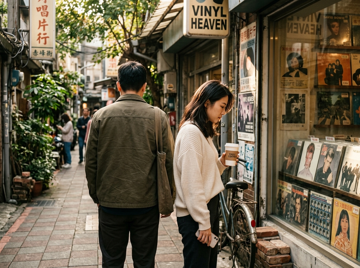 中景鏡頭在赤峰街充滿復古風情的巷弄中,亞洲女性穿著寬鬆的針織衫,手拿一杯外帶咖啡,與男性並肩站在