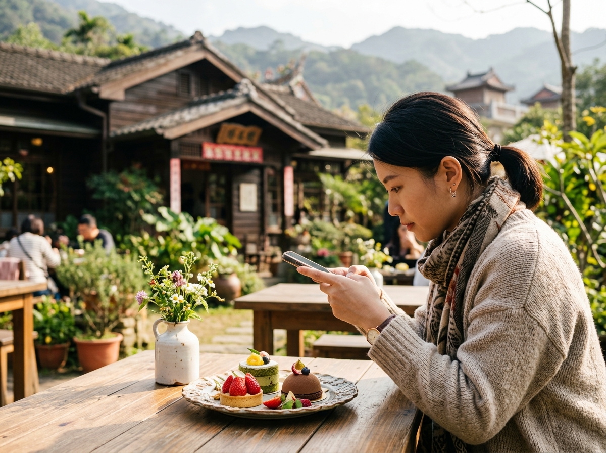 中景鏡頭在台中新社一間木造老宅餐廳的戶外座位區,年輕亞洲女性用手機拍攝桌上的精緻甜點,陽光照在木桌與