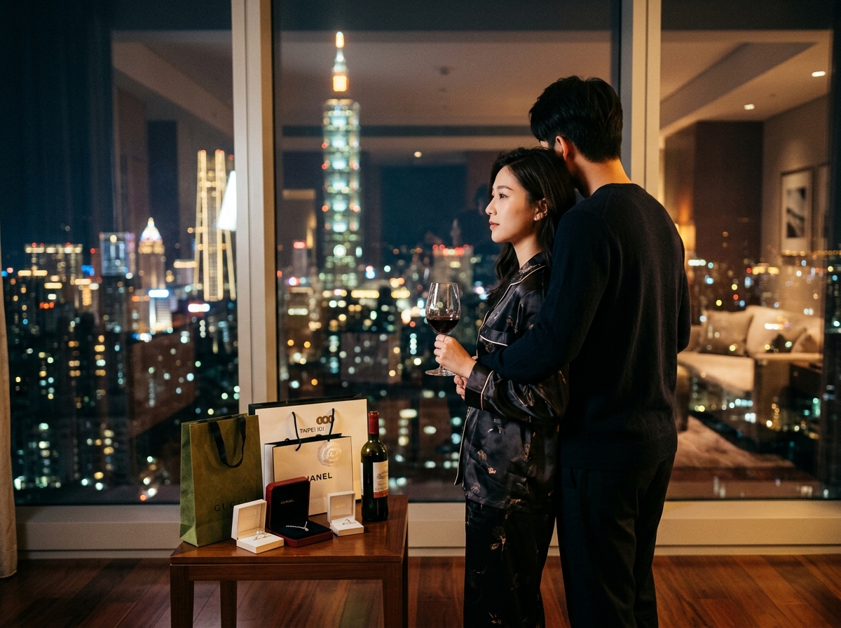 中景鏡頭在台北信義區高樓夜景的落地窗前中,年輕具吸引力的亞洲女性穿著精緻絲質睡衣,手拿紅酒