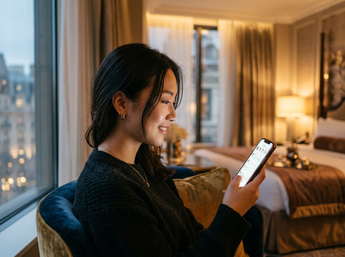 年輕亞洲女性身處在高級飯店房間內,她自信地滑著手機上的 Wish APP,手機螢幕亮起了一則來自經過