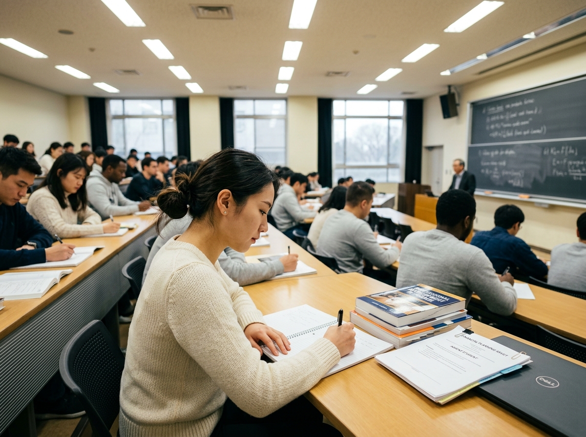 遠景鏡頭在大學教室中，年輕具吸引力的亞洲女性專心聽課做筆記與年輕亞洲男性主體的不在場但