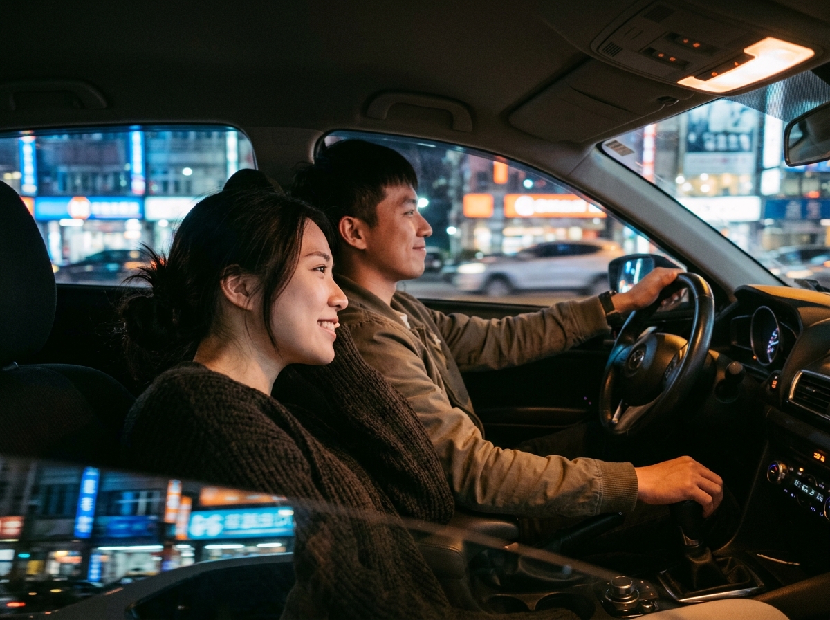 車內視角在行駛於台中市區高架道路的車內中,年輕具吸引力的亞洲女性舒適地靠在副駕駛座,微笑看