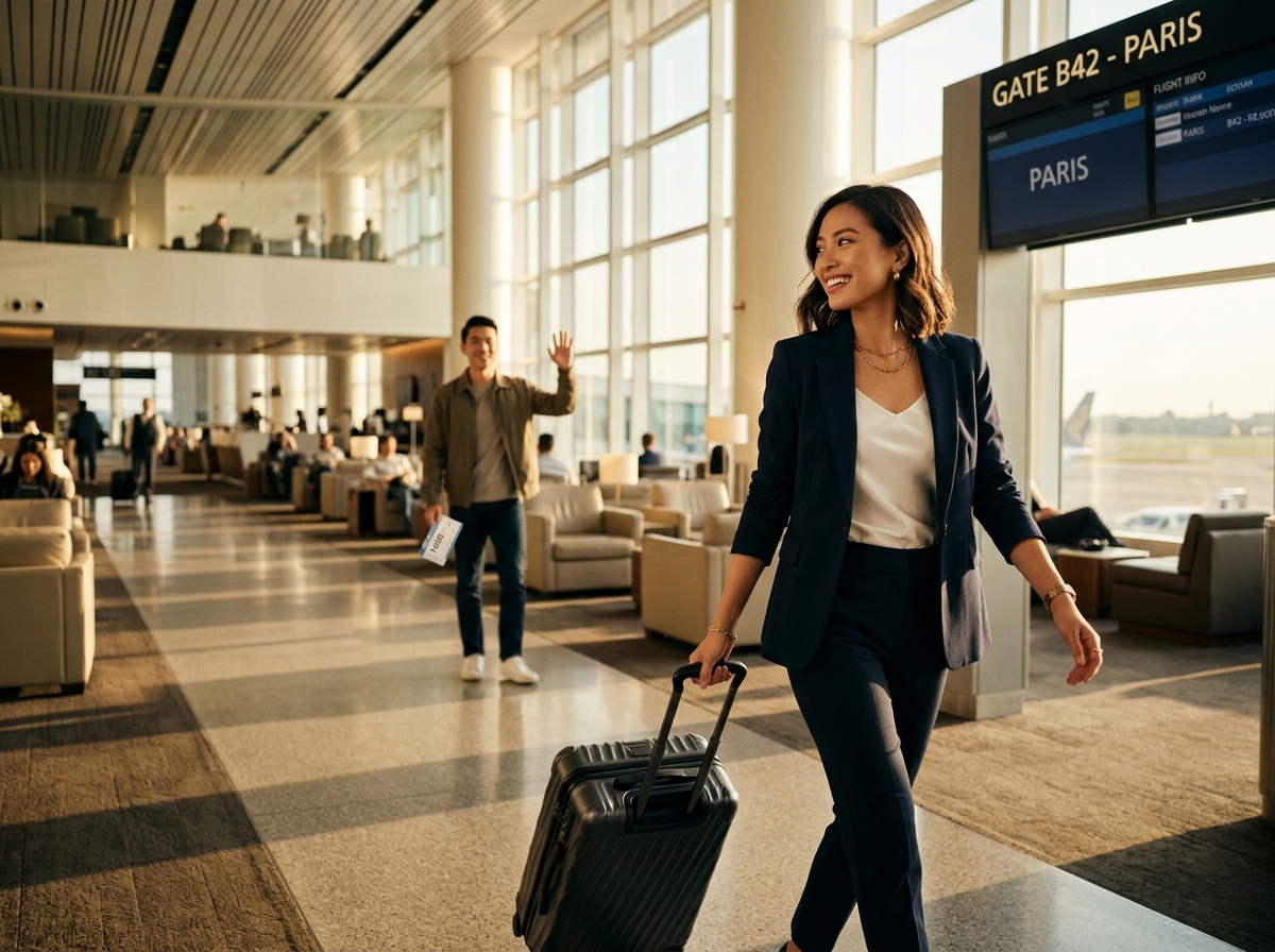 動態跟拍鏡頭在國際機場VIP候機室中,年輕具吸引力的亞洲女性拉著設計師行李箱,自信地走向登