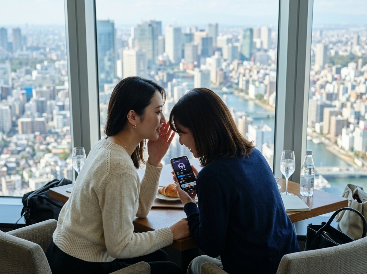 鏡頭角度：中景/在一個高樓層的觀景咖啡廳，兩個年輕亞洲女性靠近窗邊低聲交談，桌上放著兩杯氣泡水，其中