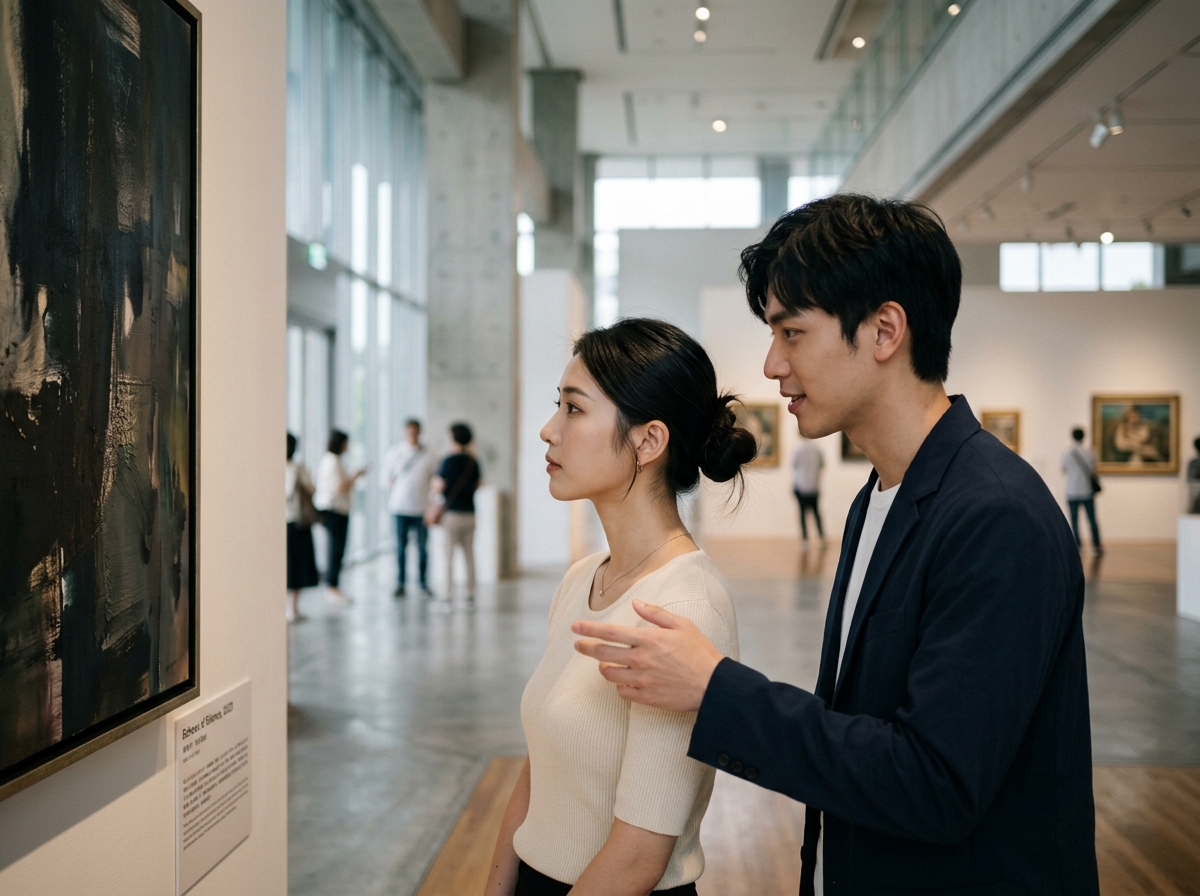 中景鏡頭在台北市立美術館挑高展覽空間中,年輕具吸引力的亞洲女性專注欣賞藝術作品,側臉線條優