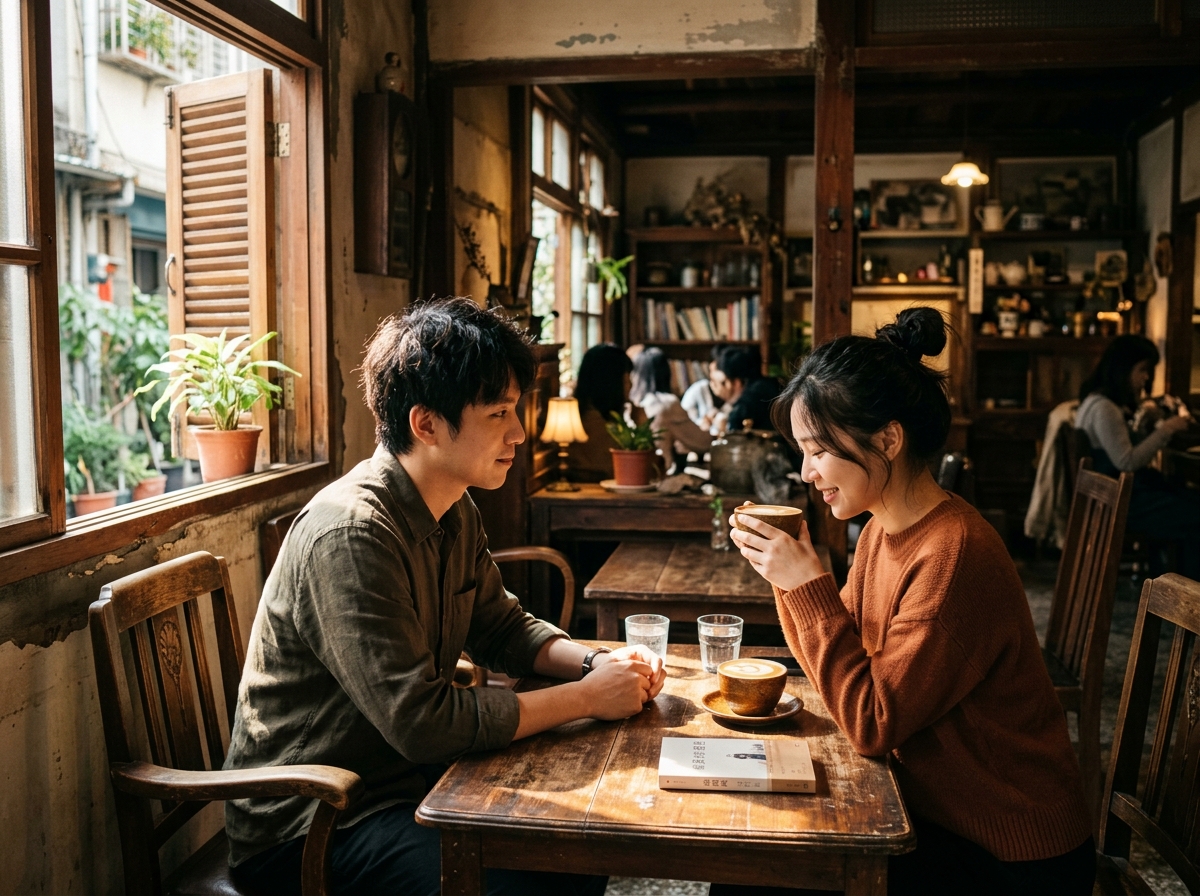 在老宅咖啡廳的隱密角落,木質桌椅散發溫暖光澤,一位亞洲女性捧著熱拿鐵輕笑,對面的亞洲男性目光溫柔地看