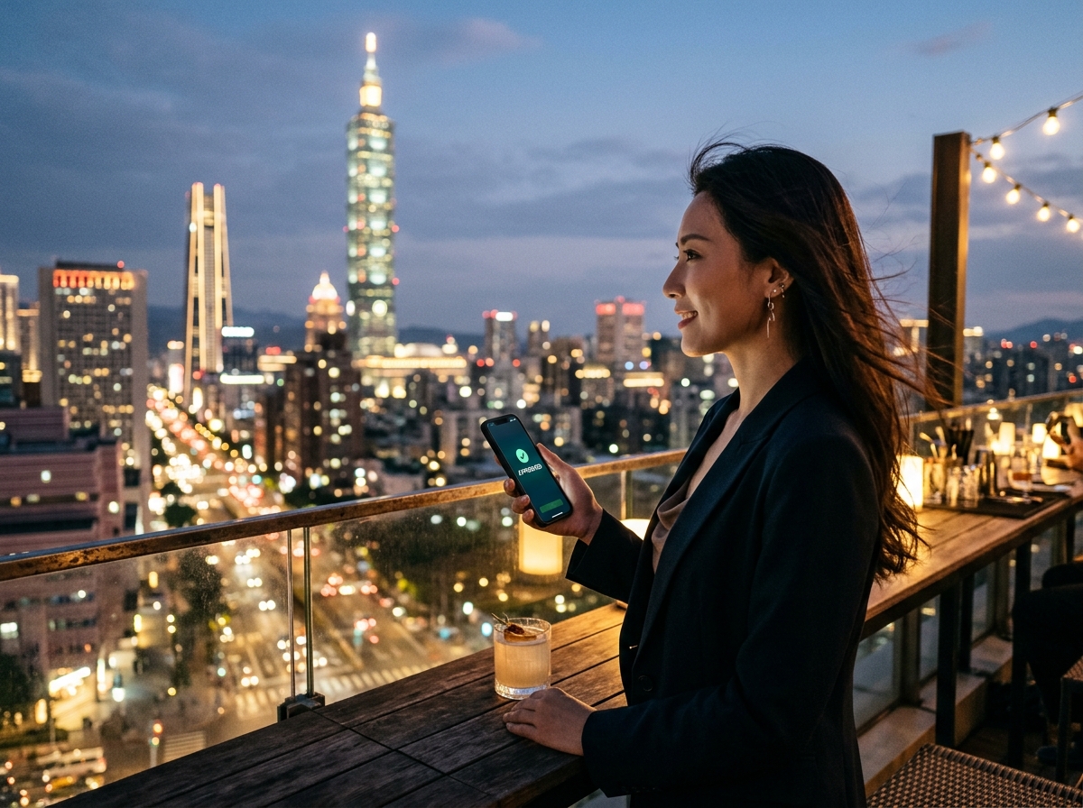 一位自信亮麗的亞洲女性站在台北信義區的時尚露天酒吧,眺望著城市天際線,晚風輕拂她的長髮,她微微揚起嘴