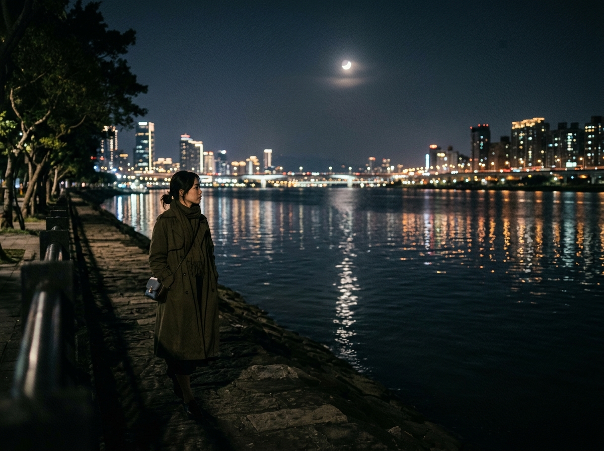 廣角鏡頭在深夜的淡水河畔中,年輕具吸引力的亞洲女性獨自散步望著河面與年輕亞洲男性主體的
