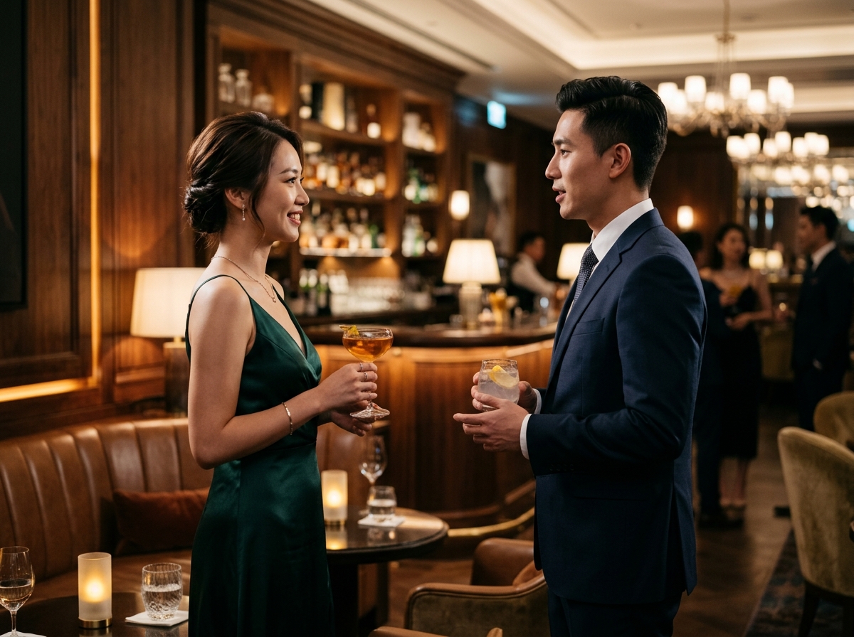 在現代奢華風格的 lounge bar 中，一名穿著優雅的年輕亞洲女性正與西裝筆挺的亞洲男性輕鬆交談