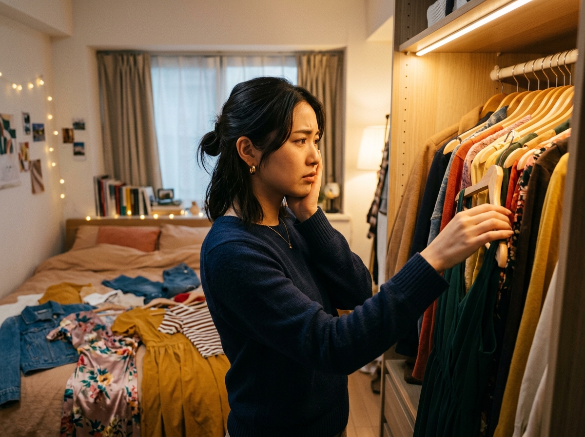 中景特寫在採光明亮的女生臥室衣櫃前,年輕亞洲女性一手托腮、另一手翻動衣架上的服飾,表情略顯苦惱。旁邊