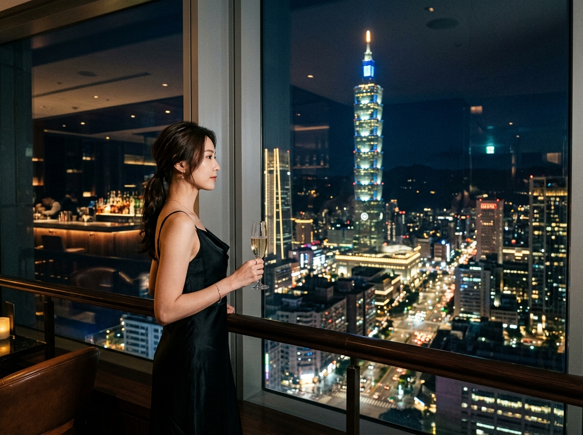 在高空景觀酒吧,一位女性站在落地窗前,手持香檳杯,背景是台北 101 與繁華城市夜景,她的表情寧靜且