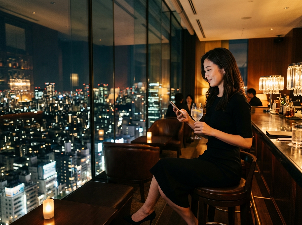 廣角鏡頭在奢華卻不張揚的高樓層俱樂部 lounge bar 中,一位穿著簡單黑色合身洋裝的年輕亞洲女
